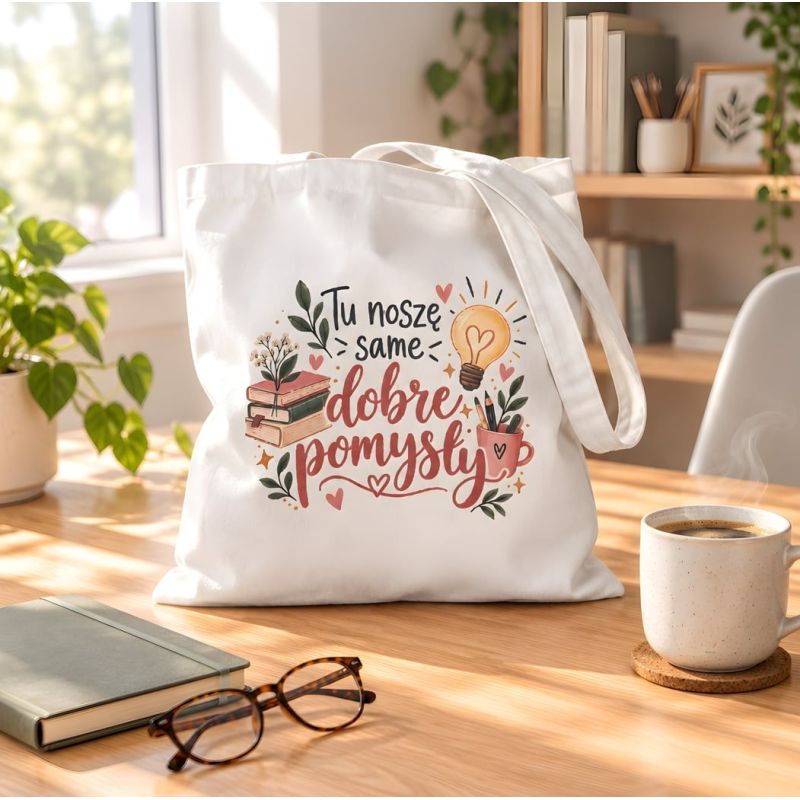 Torba dla nauczyciela z nadrukiem „Tu noszę same dobre pomysły” 36×40 cm – prezent na Dzień Nauczyciela