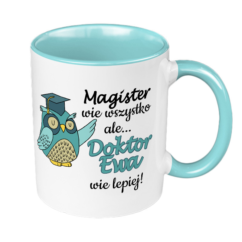 Kubek 330ml kolorowy - gratulacje z okazji obrony doktoratu. (Kolor: Niebieski - Wybór wersji: Z personalizacją)